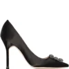Women Manolo Blahnik Black Hangisi Buckle 105 Satin Pumps
