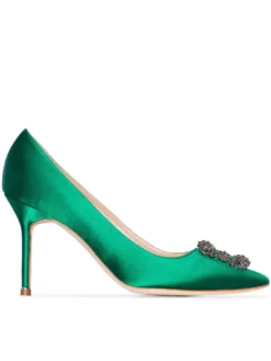 Women Manolo Blahnik Green Hangisi 90 Satin Pumps