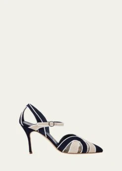 Manolo Blahnik AMR TRICOLORED SUEDE ANKLE-STRAP PUMPS